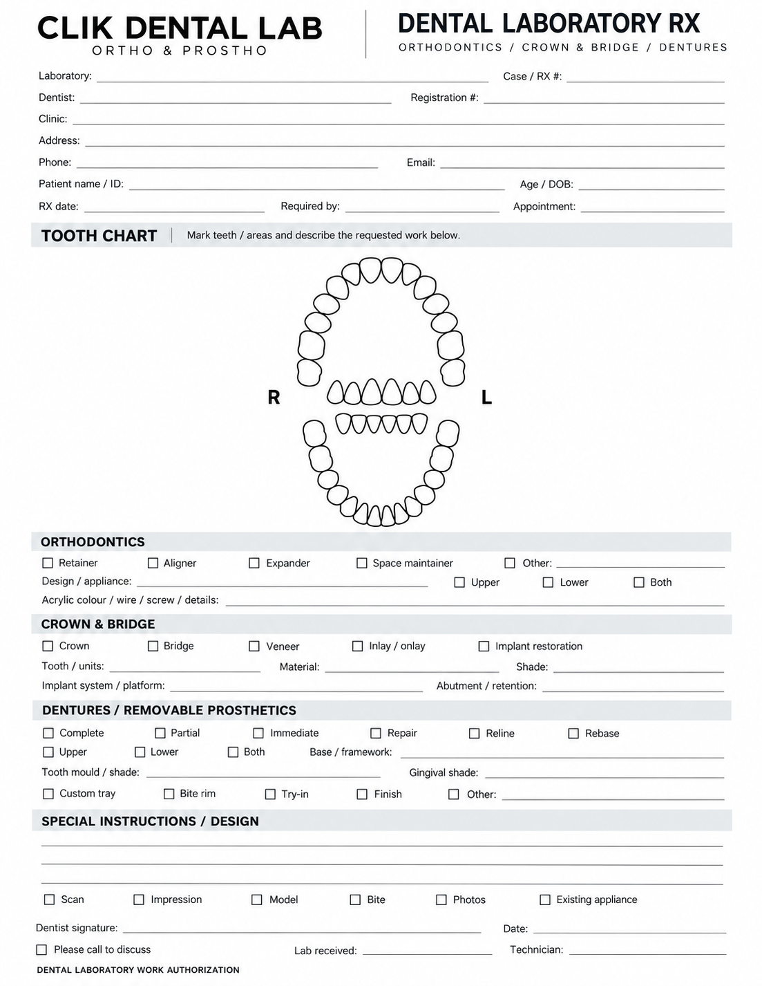 Preview of the CLIK Dental Lab one-page RX form